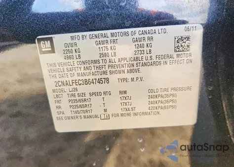 2011 Chevrolet Equinox Ltz из США, поврежденный, VIN 2CNALFEC3B6474578